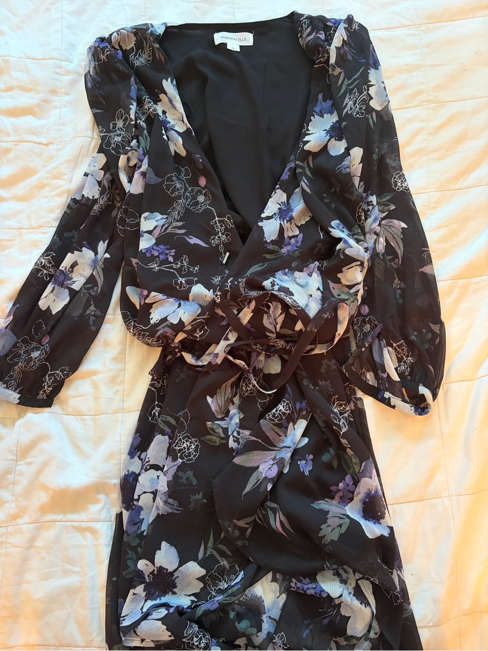 Addition Elle Black Floral Wrap Dress with Purple & White Blooms